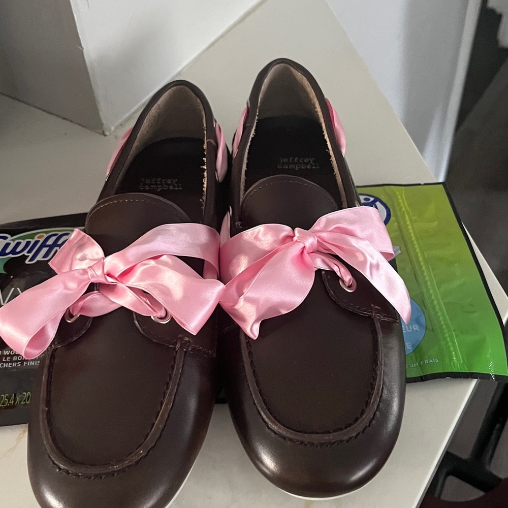 Jeffrey Campbell Brown Flats with Pink Ribbon